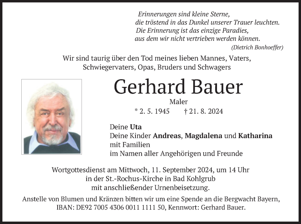  Traueranzeige für Gerhard Bauer vom 07.09.2024 aus merkurtz