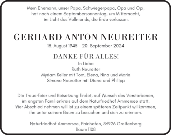 Traueranzeige von Gerhard Anton Neureiter von merkurtz