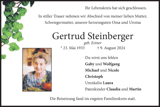 Traueranzeige von Gertrud Steinberger von merkurtz