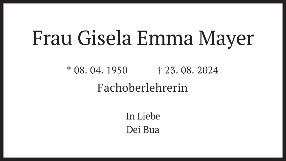  Traueranzeige für Gisela Emma Mayer vom 04.09.2024 aus merkurtz