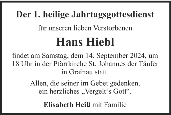 Traueranzeige von Hans Hiebl von merkurtz
