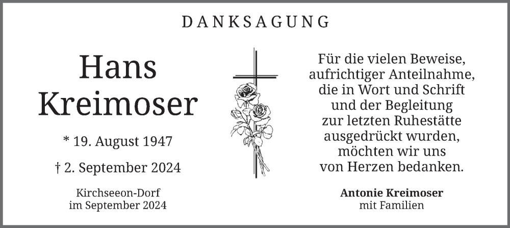  Traueranzeige für Hans Kreimoser vom 27.09.2024 aus merkurtz