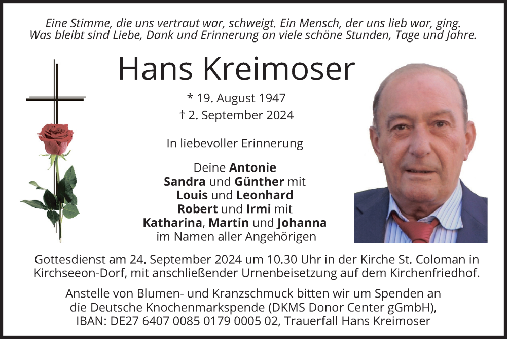  Traueranzeige für Hans Kreimoser vom 20.09.2024 aus merkurtz
