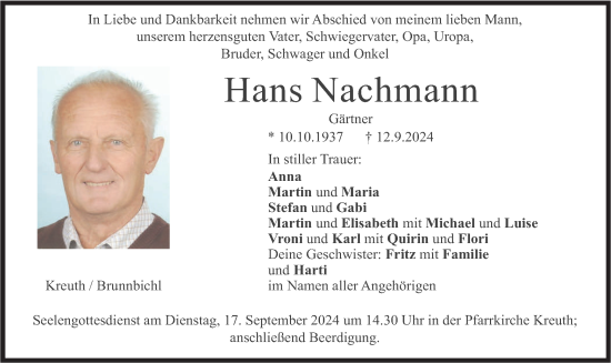 Traueranzeige von Hans Nachmann von merkurtz