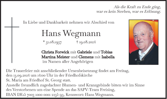 Traueranzeige von Hans Wegmann von merkurtz