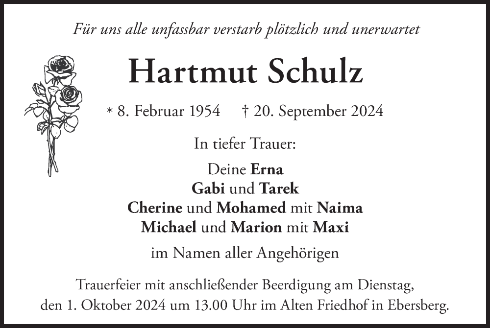  Traueranzeige für Hartmut Schulz vom 28.09.2024 aus merkurtz