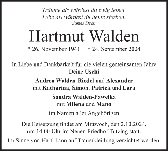 Traueranzeige von Hartmut Walden von merkurtz