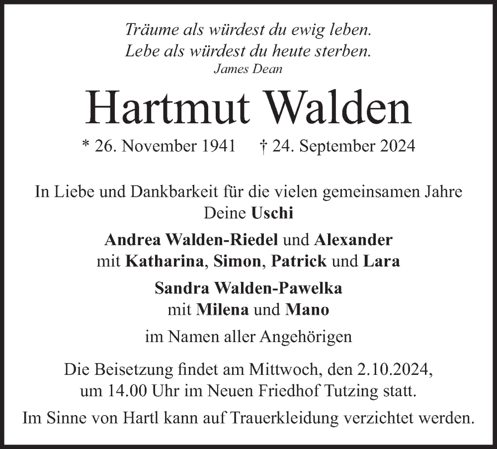  Traueranzeige für Hartmut Walden vom 28.09.2024 aus merkurtz