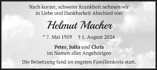 Traueranzeige von Helmut Macher von merkurtz