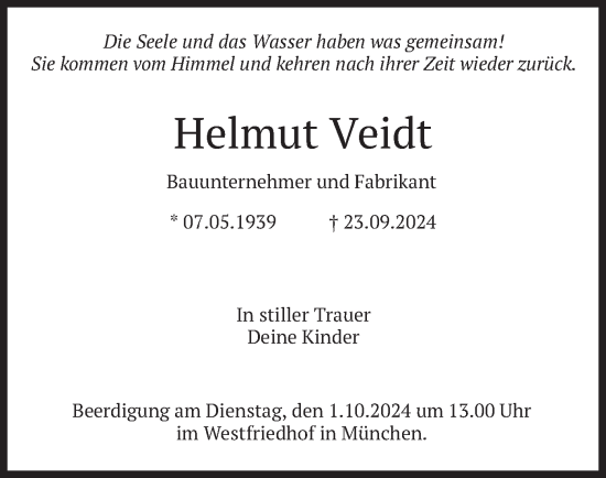 Traueranzeige von Helmut Veidt von merkurtz