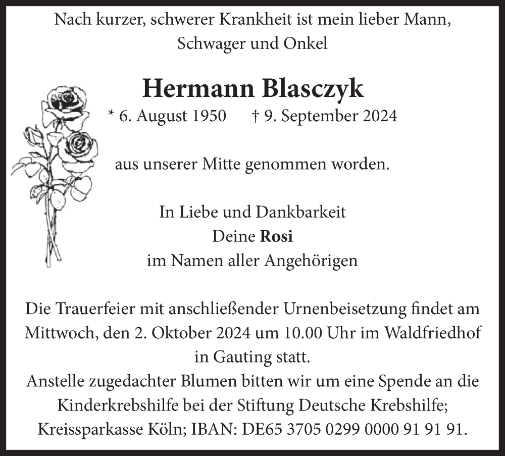  Traueranzeige für Hermann Blasczyk vom 28.09.2024 aus merkurtz