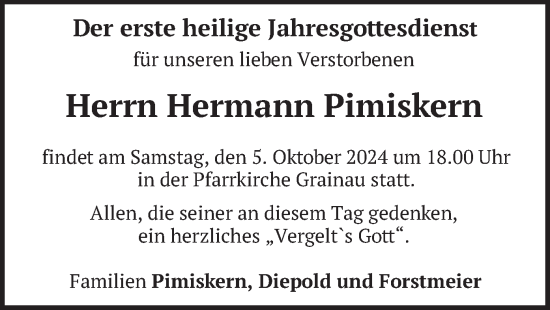 Traueranzeige von Hermann Pimiskern von merkurtz