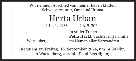 Traueranzeige von Herta Urban von merkurtz