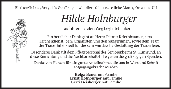 Traueranzeige von Hilde Holnburger von merkurtz