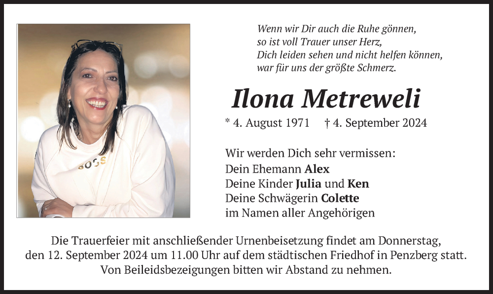  Traueranzeige für Ilona Metreweli vom 07.09.2024 aus merkurtz