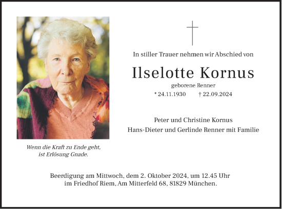 Traueranzeige von Ilselotte Kornus von merkurtz