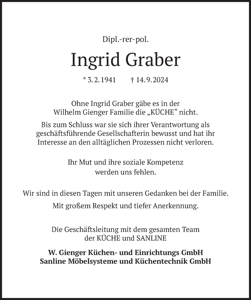  Traueranzeige für Ingrid Graber vom 21.09.2024 aus merkurtz