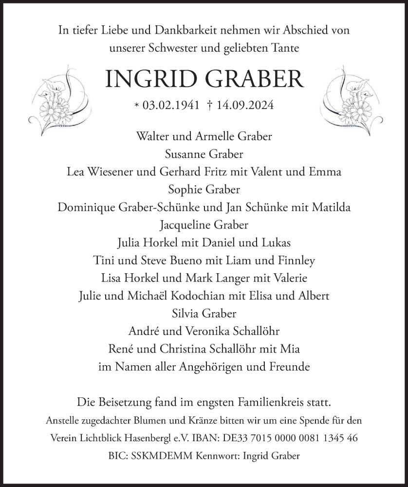 Traueranzeige für Ingrid Graber vom 28.09.2024 aus merkurtz
