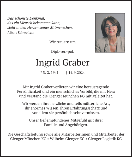 Traueranzeige von Ingrid Graber von merkurtz