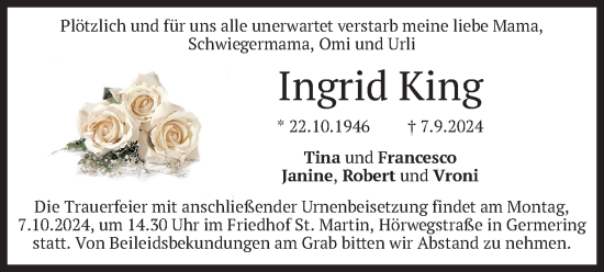 Traueranzeige von Ingrid King von merkurtz