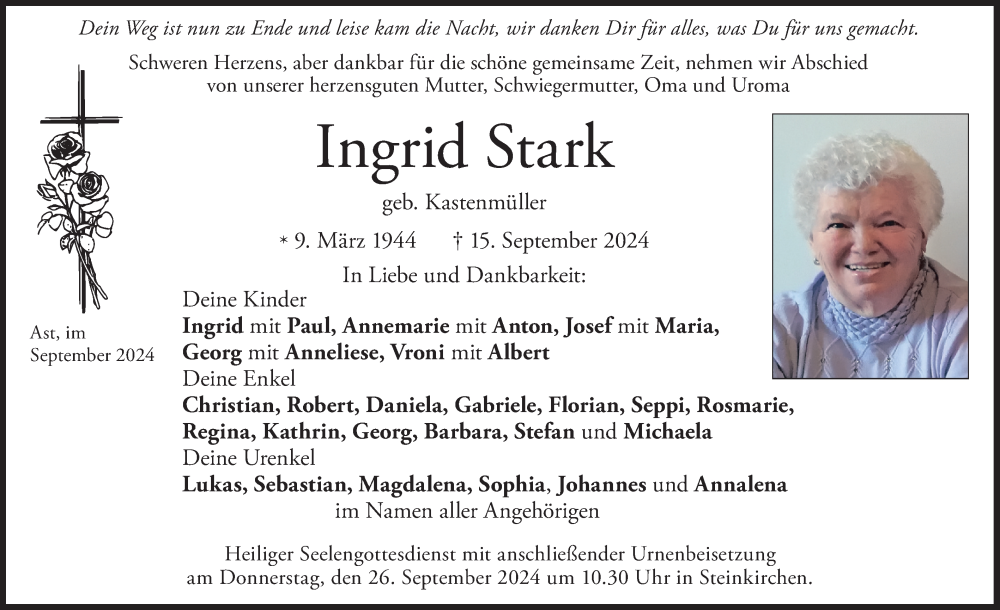  Traueranzeige für Ingrid Stark vom 21.09.2024 aus merkurtz