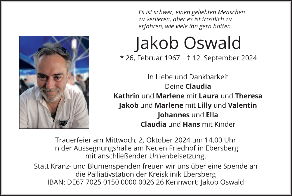  Traueranzeige für Jakob Oswald vom 17.09.2024 aus merkurtz