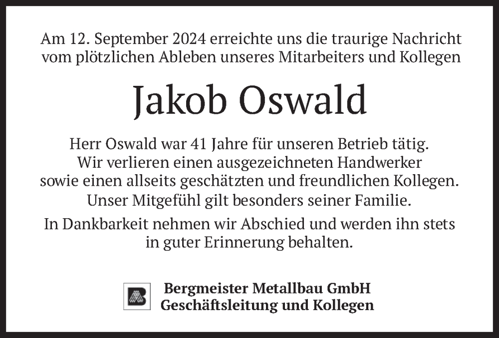  Traueranzeige für Jakob Oswald vom 20.09.2024 aus merkurtz