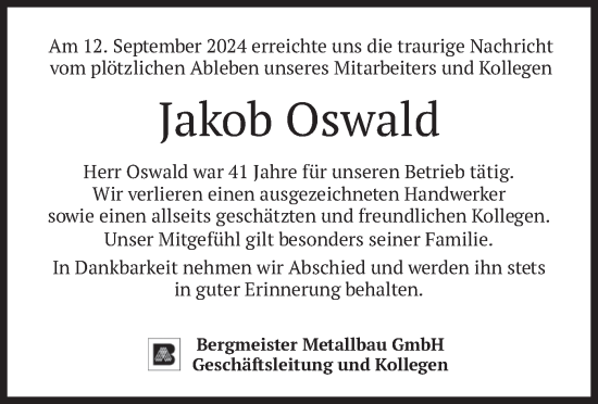 Traueranzeige von Jakob Oswald von merkurtz