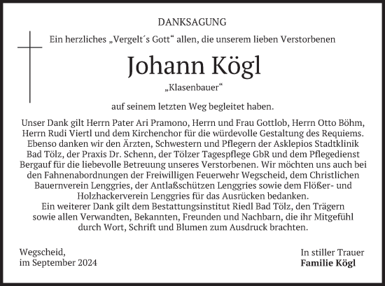 Traueranzeige von Johann Kögl von merkurtz