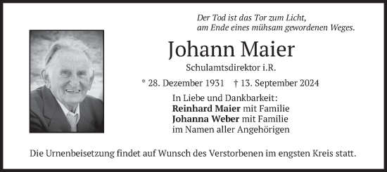 Traueranzeige von Johann Maier von merkurtz