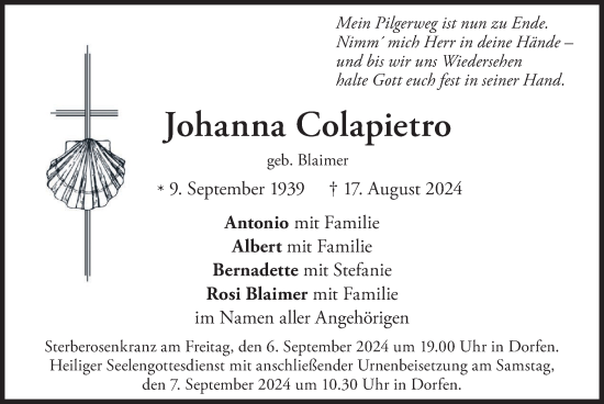 Traueranzeige von Johanna Colapietro von merkurtz