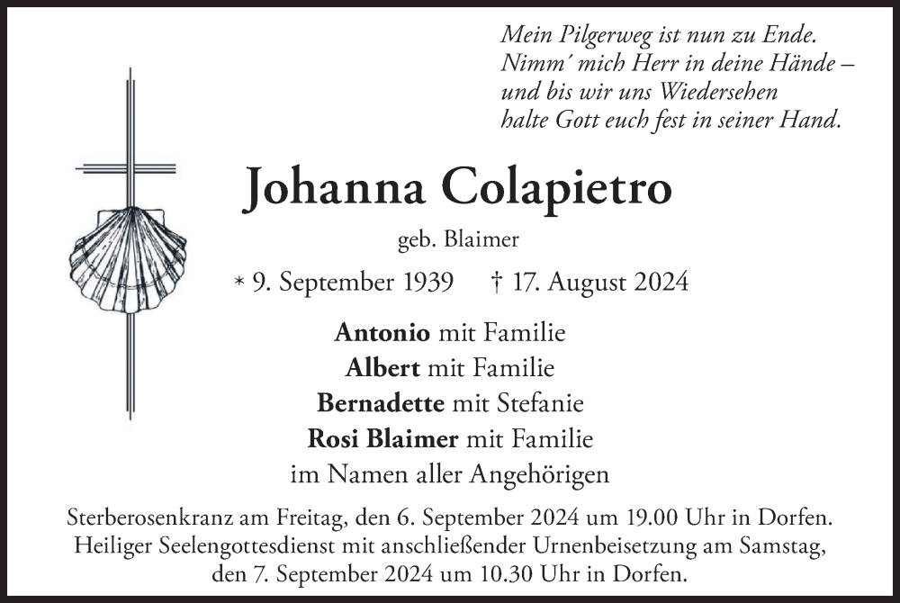  Traueranzeige für Johanna Colapietro vom 04.09.2024 aus merkurtz