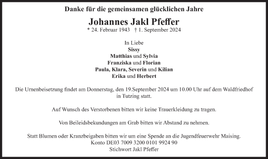 Traueranzeige von Johannes Pfeffer von merkurtz
