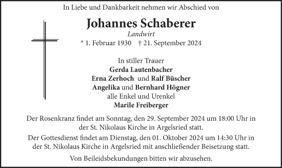 Traueranzeige von Johannes Schaberer von merkurtz