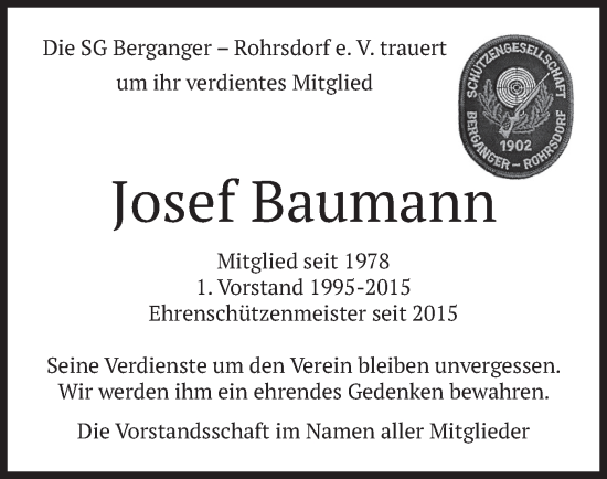 Traueranzeige von Josef Baumann von merkurtz