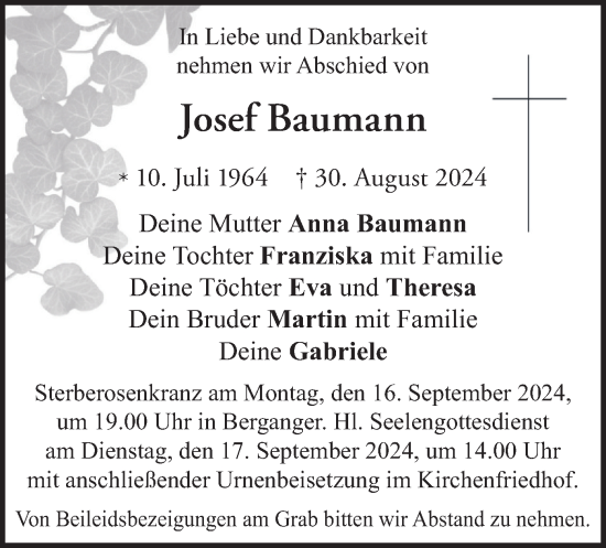 Traueranzeige von Josef Baumann von merkurtz
