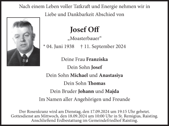 Traueranzeige von Josef Off von merkurtz