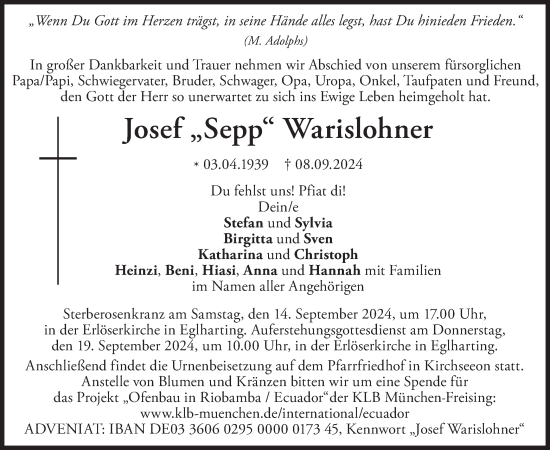 Traueranzeige von Josef Warislohner von merkurtz