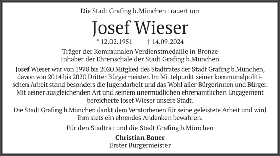 Traueranzeige von Josef Wieser von merkurtz