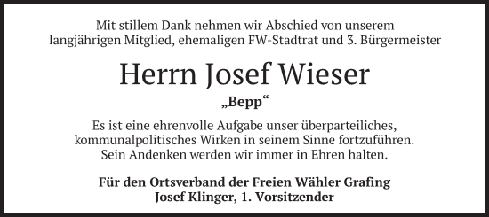 Traueranzeige von Josef Wieser von merkurtz