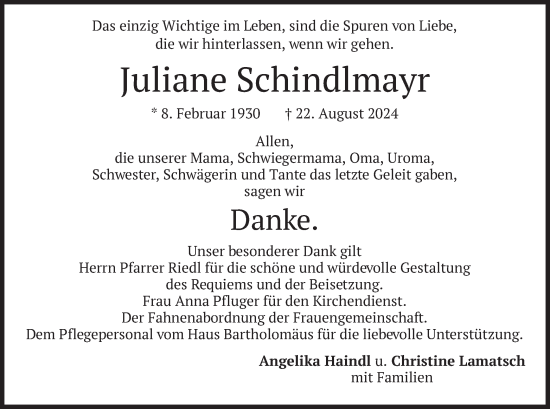 Traueranzeige von Juliane Schindlmayr von merkurtz