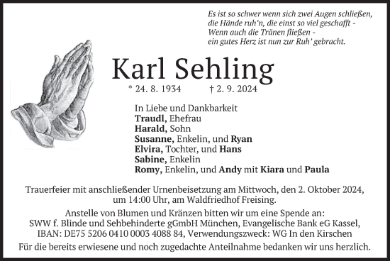 Traueranzeige von Karl Sehling von merkurtz