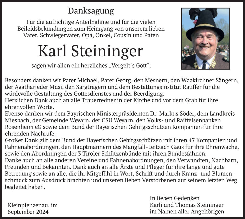  Traueranzeige für Karl Steininger vom 14.09.2024 aus merkurtz