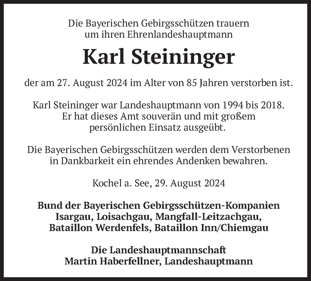  Traueranzeige für Karl Steininger vom 04.09.2024 aus merkurtz