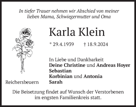 Traueranzeige von Karla Klein von merkurtz