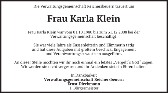 Traueranzeige von Karla Klein von merkurtz
