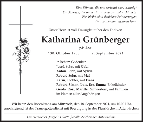 Traueranzeige von Katharina Grünberger von merkurtz