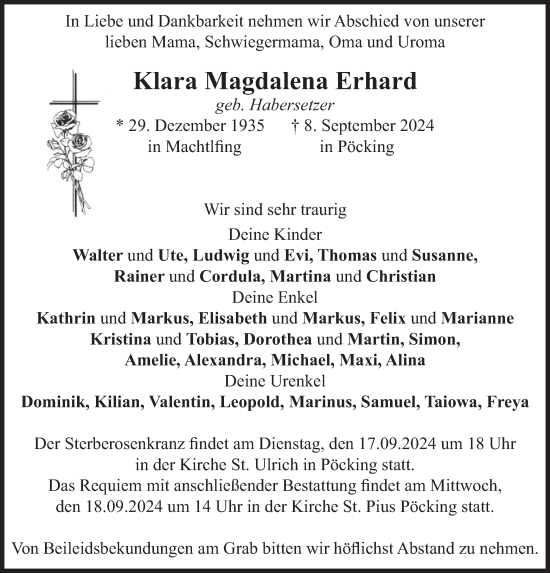 Traueranzeige von Klara Magdalena Erhard von merkurtz