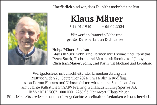 Traueranzeige von Klaus Mäuer von merkurtz