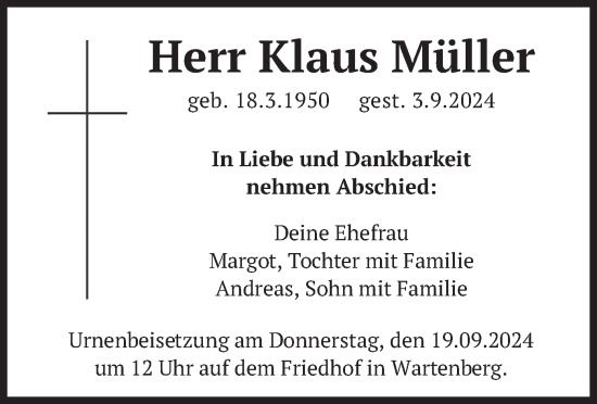 Traueranzeige von Klaus Müller von merkurtz